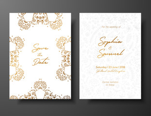 Fototapeta na wymiar Wedding vintage invitation,save the date card with golden twigs and flowers. Cover design with gold botanical ornaments. Gold cards templates for save the date, invites, greeting cards, place for text