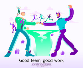 Business concept of vector illustration, Peoples helping each other to cross a river, good team good work, work together as team, company and start up, hand to hand, work with team illustration