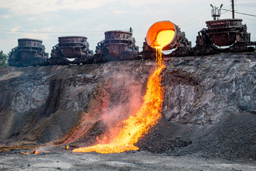 Domestic slag discharge at the iron foundry, industrial landscape