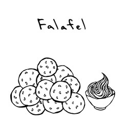 Bunch of Falafel Balls and Sauce. Middle Eastern Cuisine. Arabic Traditional Meal. Israel Vegetarian Healthy Fast Food. Jewish Street Food. Realistic Hand Drawn Illustration. Savoyar Doodle Style.