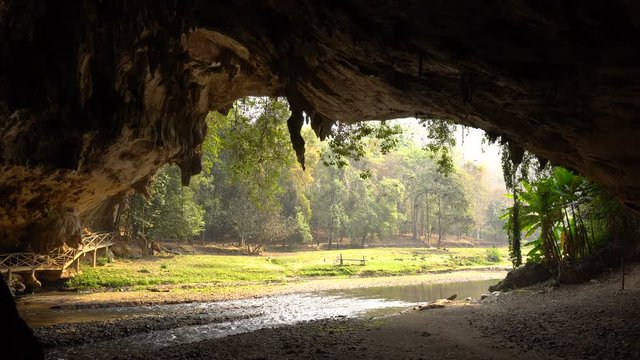 Huge Flock of Swallow Birds Flying at Morning near the Entrance of Big Cave with River Flowing from it in Tropical Jungles at the North of Thailand, in Tham Lod Cave, Pai region, Chiang Mai.