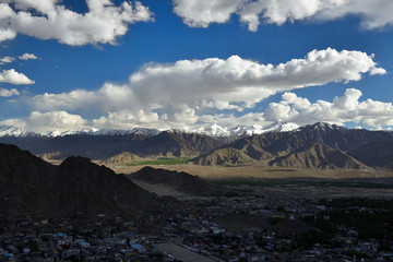 View on the beautifully high mountains around a city Leh in Ladakh, Jammu and Kashmir