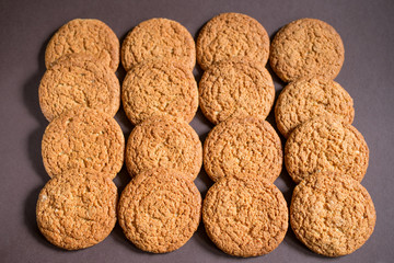 Healthy food, breakfast, snack. Oat cookies background, pattern, texture.