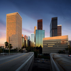 City of Los Angeles California at sunset with light trails