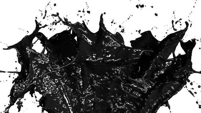 Beautiful Black Oil Splashes in Slow Motion and Freeze Motion with Alpha Mask. Flying Through the Drops. Useful for Titles and Intro. 3d Animation Art Design Concept. 4k UHD 3840x2160.