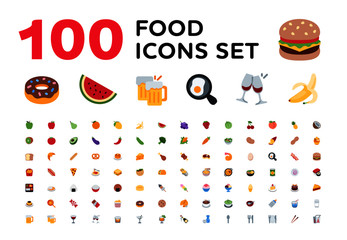 Food and beverages, fruits, vegetables, fast foods, cakes, restaurant, cafe vector illustration flat icons, symbols, emoticons, emojis, stickers set, collection