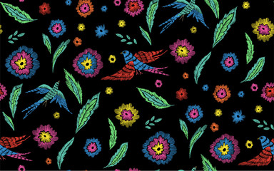 Naklejka premium Beautiful flowers and birds seamless pattern in retro style hand drawn. Spring summer season.Vector illustration. Embroidery design. Line art.