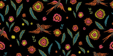 Beautiful flowers and birds seamless pattern in retro style hand drawn. Spring summer season.Vector illustration. Embroidery design. Line art.