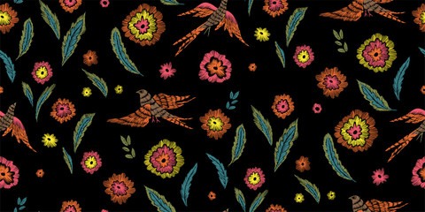 Naklejka premium Beautiful flowers and birds seamless pattern in retro style hand drawn. Spring summer season.Vector illustration. Embroidery design. Line art.