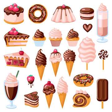Big set of chocolate sweet food. Donut, ice cream, muffins, smoothies, macaroons and candies. Vector illustration