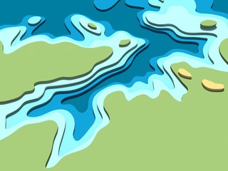 3D digital conceptual high-altitude topographic map. Sea, Peninsula, mountains, hills, valleys. 3D rendering, abstract drawing. The concept maps. Rugged terrain. Cartography and topology.