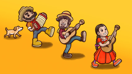Three cheerful people playing instruments and dancing in a Brazilian Festa Junina party. Yellow watercolor background with flags and text.