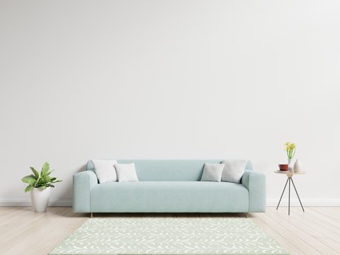 Living room with sofa have pillows, plant and vase with flowers on white wall background, 3D rendering