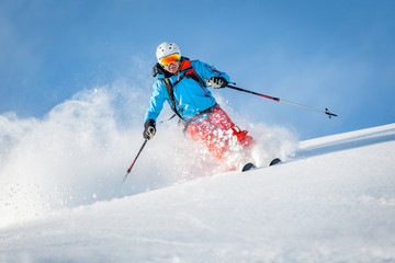 Male freeride skier in the mountains off-piste - obrazy, fototapety, plakaty