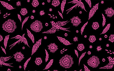 Beautiful flowers and birds seamless pattern in retro style hand drawn. Spring summer season.Vector illustration. Embroidery design. Line art.