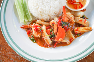 Thai spicy herb seafood stir fried