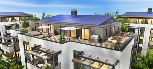 Solar panels on the roof of a multi-storey building