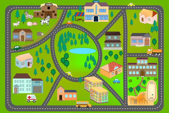 Cartoon map with roads, cars and houses (hospital, school, market, farm). City map for children. Play mat