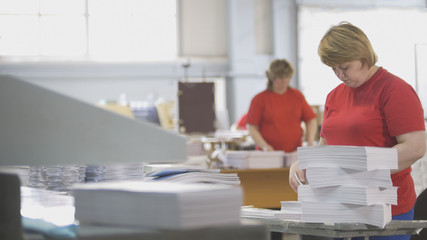 Female workers sorting a paper stacks in the typography