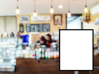 Blank mock up of vertical billboard with copy space for message content in coffee cafe.