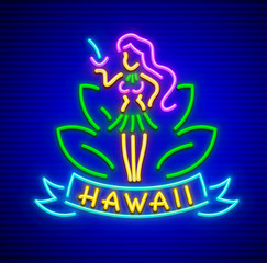 Neon sign with girl of hawaii cocktail. Icon for entertaining