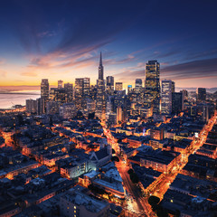 San Francisco aerial view from sea side. Port of San Francisco in the front. City downtown and skyscrapers at sunrise. - obrazy, fototapety, plakaty
