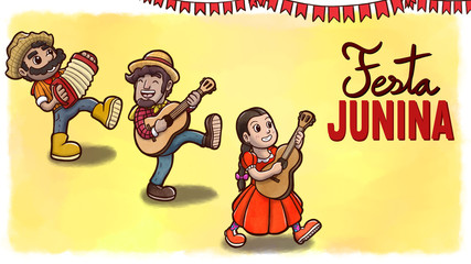 Three cheerful people playing instruments and dancing in a Brazilian Festa Junina party. Yellow watercolor background with flags and text.