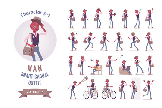 Black intelligent smart casual man ready-to-use character set
