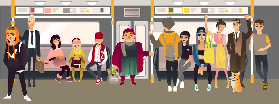 Cartoon underground subway passenger inside metro train scene. Men, women young and senior standing and sitting listening to music headphones, communicating. People in public transport vector concept.
