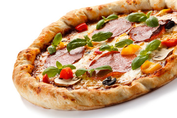 Pizza pepperoni with salami, mushrooms and olives
