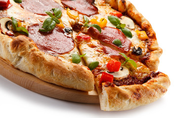 Pizza pepperoni with salami, mushrooms and olives