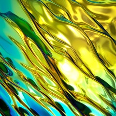 3d render, abstract background, iridescent holographic foil, gold wavy wallpaper, fluid ripples,...