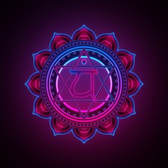 3d render, sacred geometry, Anahata chakra symbol, neon light abstract background, spiritual chackra symbol, religious sign, esoteric mandala, modern illustration