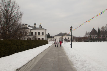 Landscape and architecture inside the Tobolsk Kremlin in winter. Russia