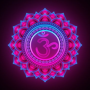 3d render, sacred geometry, Sahasrara chackra symbol, neon light abstract background, spiritual chakra symbol, religious sign, esoteric mandala, modern illustration