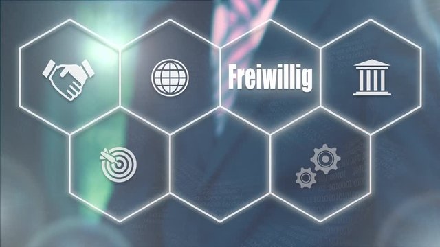 A businessman pressing a Voluntary "Freiwillig" button in German on a futuristic computer  display