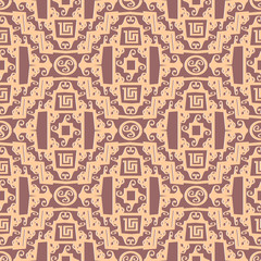 Greek seamless pattern. Ancient  geometric patterned background. Modern wallpaper. Beautiful vintage ornament with meander, greek key, squares, circles, shapes. Elegant vector design for fabric, print