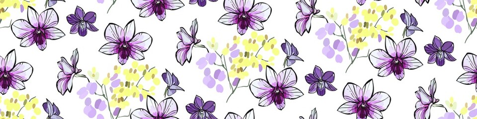 Floral seamless pattern with different flowers and leaves. Botanical illustration hand drawn. Textile print, fabric swatch, wrapping paper.
