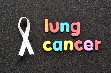 The words lung cancer with a white awareness ribbon