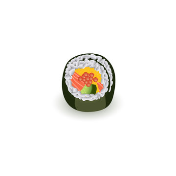 Sushi roll isolated on white background - realistic traditional japanese food for asian restaurant concept design. Fresh sushi piece, vector illustration of seafood meal.