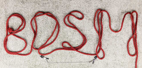 BDSM. The letters are laid out of the rope for bindings (shibari).