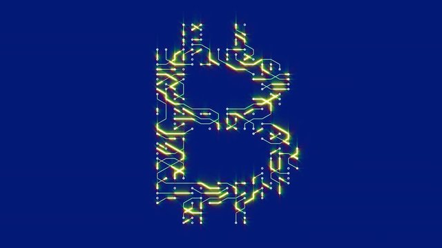 4k a futuristic circuit board with moving electrons shaped bitcoin currency sign,block chain,abstract electronic connections,Cripto currency bitcoin.Global internet finance,worldwide.