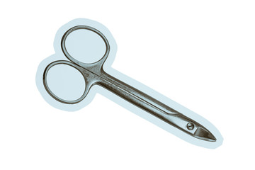 Crown scissors close-up on white background. Vertical-curved, high-durability. Isolated image of medical scissors. Vintage image of dental tool.