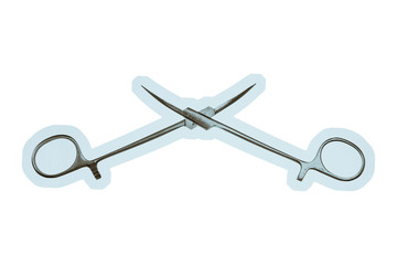 Pean's clamp close-up on white background. Isolated image of surgical clamp. Vintage image of medical tool.