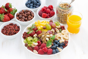 products for a healthy breakfast - berries, fruit and cereal in the plate on white background, top view