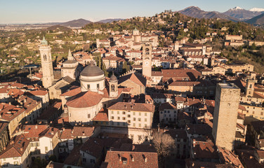 Drone aerial view of Bergamo - Old city. One of the beautiful city in Italy. Landscape on the city center, its historical buildings and towers