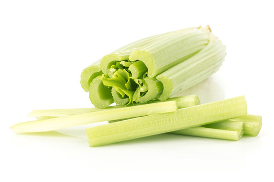 One fresh green celery with several sticks isolated on white background.