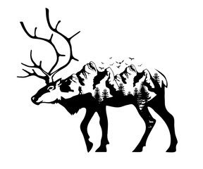Deer double exposure. Wildlife for your design, outdoors symbol deer double exposure. Vector graphics to design.