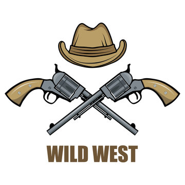 Hat and guns cowboy. Cartoon picture of the wild west. Cowboy Concept. Vector graphics to design.