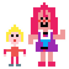 Pixel art: a mother yelling at her son.
